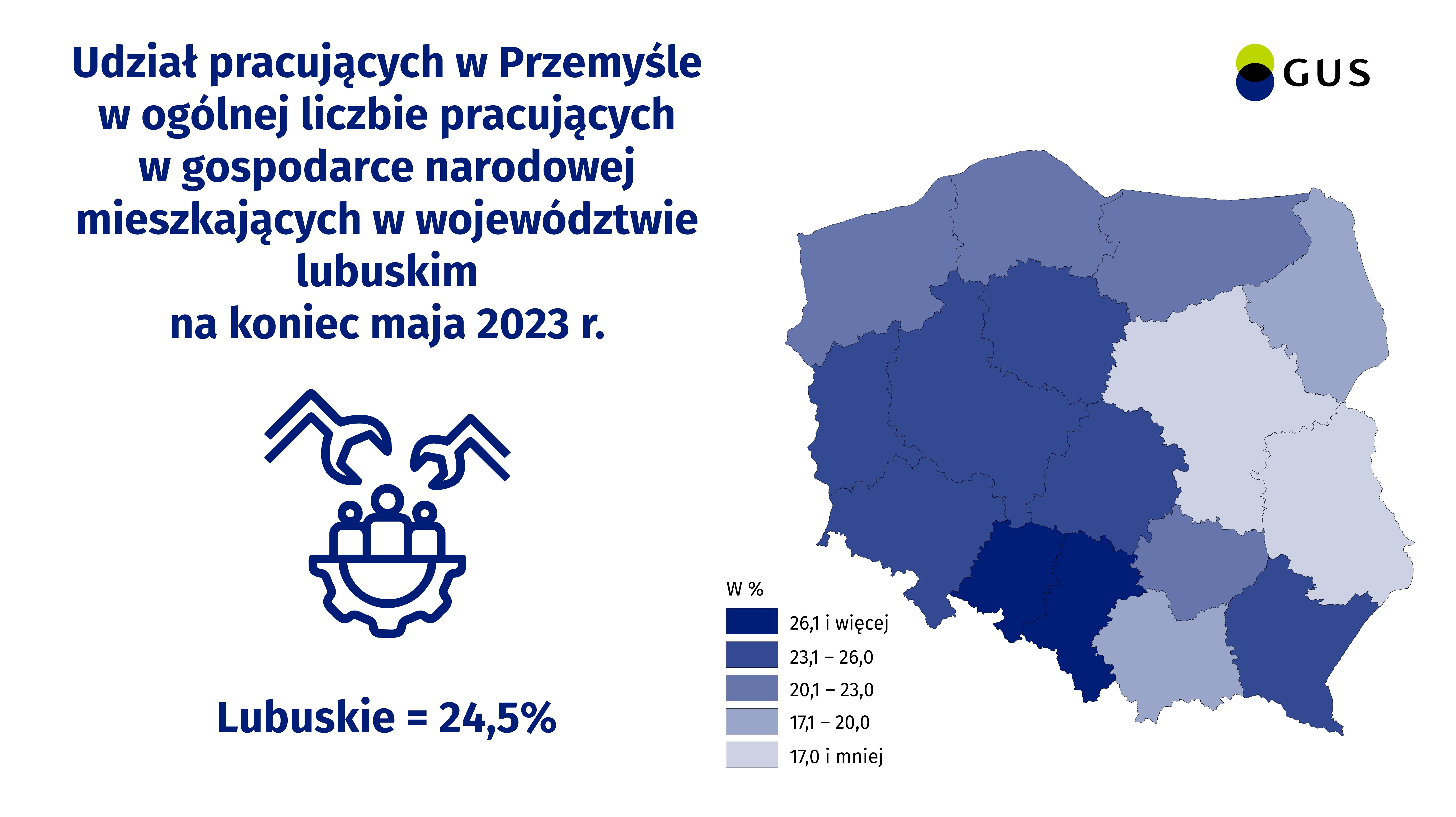Mapa polski w pdziale na wojeówdztwa, wartośc dla województwa lubuskiego wynosi 24,5%.
