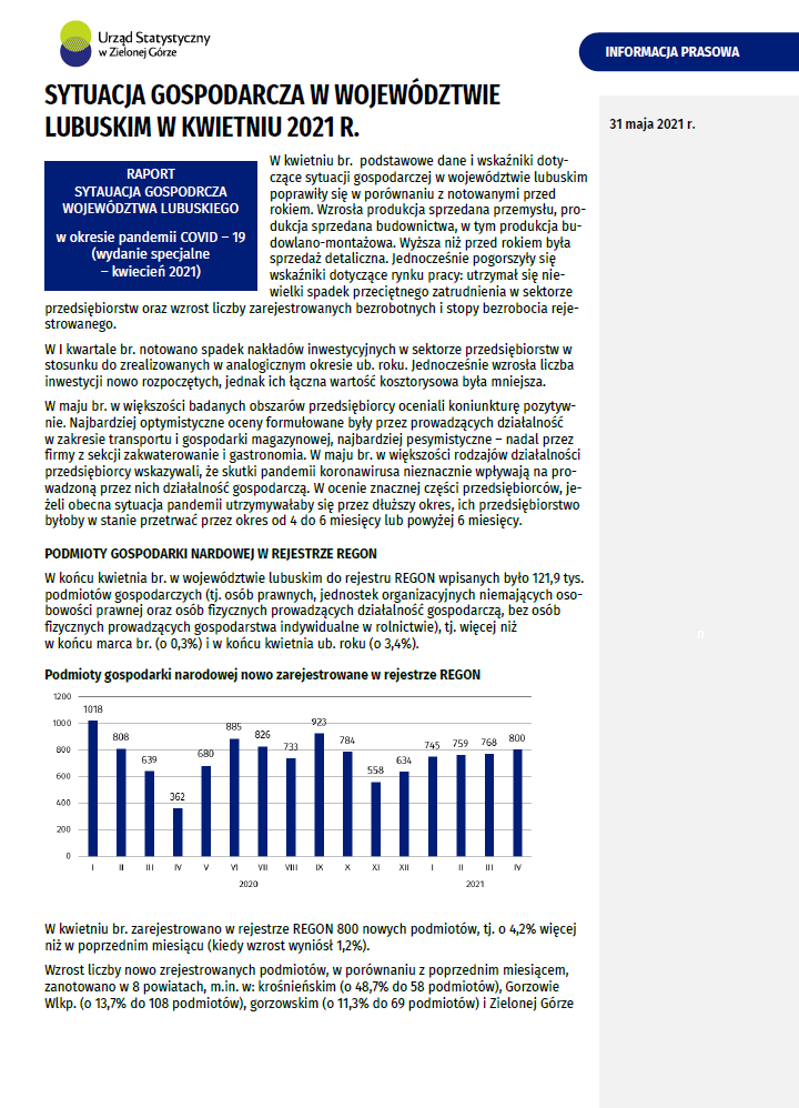 Informacja prasowa - Sytuacja gospodarcza w województwie lubuskim w kwietniu 2021 r. - plik w foramcie pdf zamieszczony w plikach do pobrania