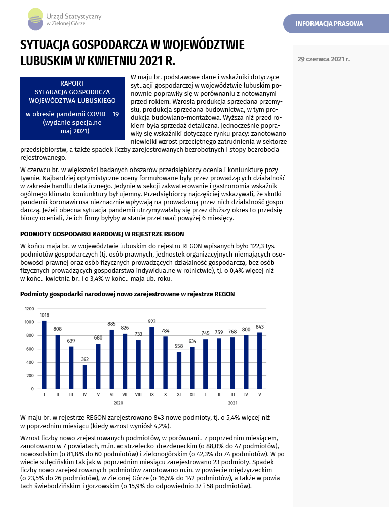 Informacja prasowa - Sytuacja gospodarcza w województwie lubuskim w maju 2021 r. - plik w foramcie pdf zamieszczony w plikach do pobrania