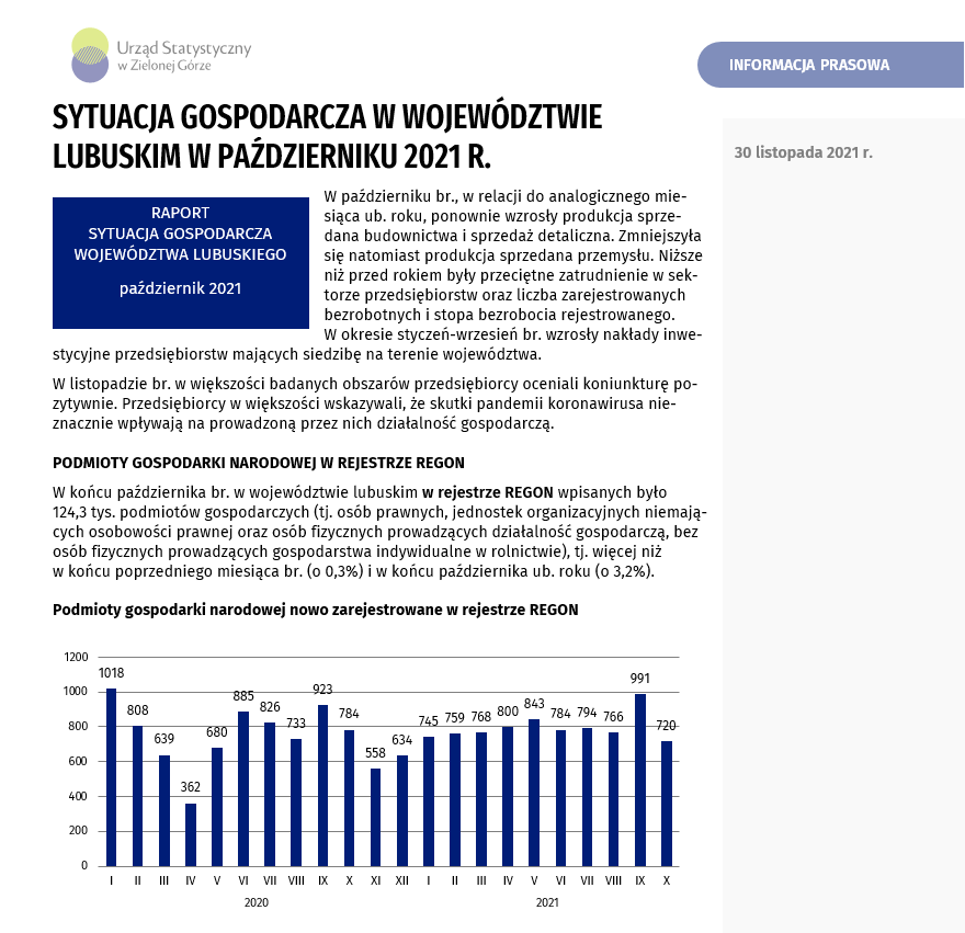 Tu najduje się link do Informacji prasowej - Sytuacja gospodarcza województwa lubuskiego w październiku 2021 r.