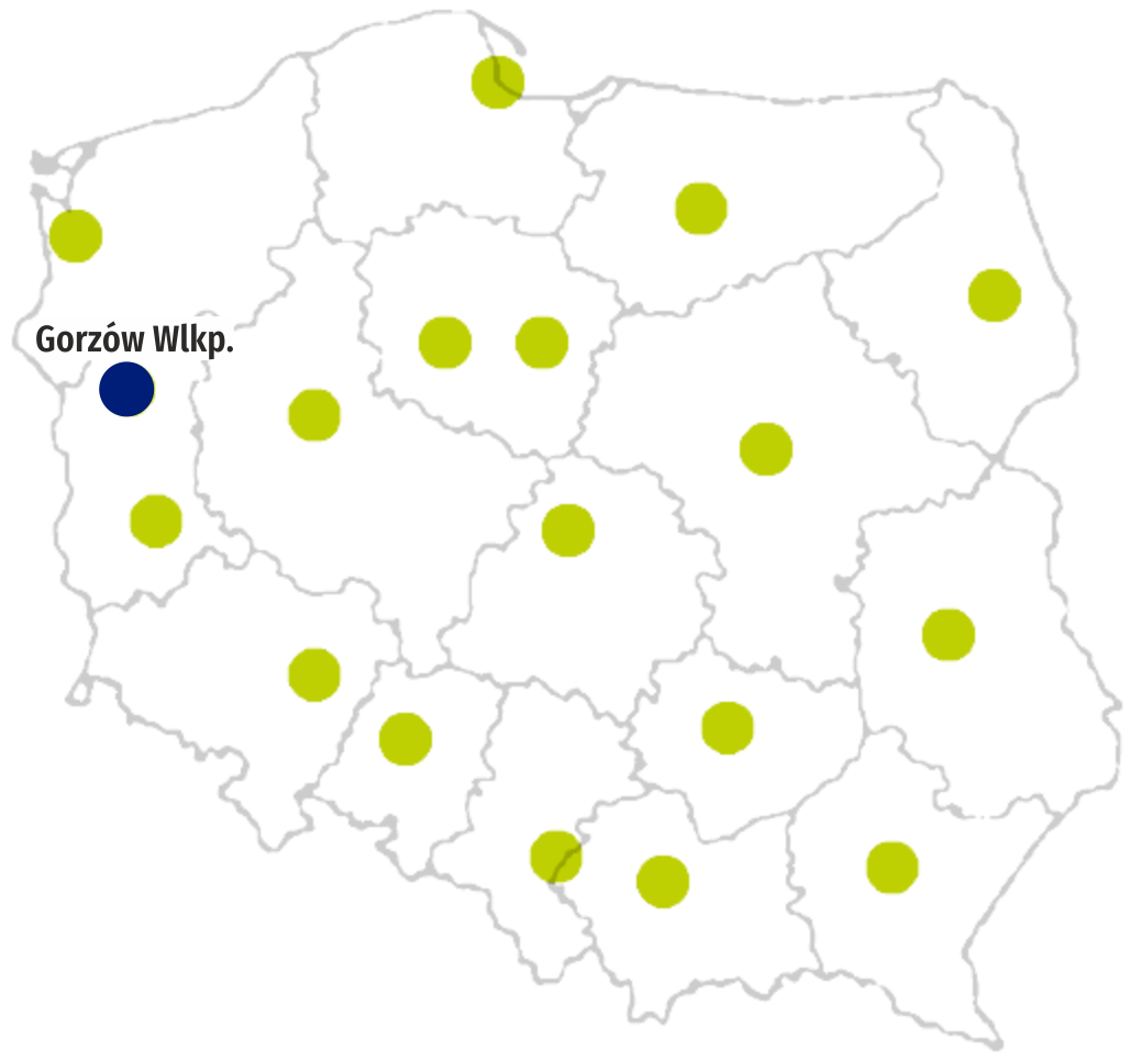 Mapa Polski w podziale na województwa z zaznaczonym miastem Gorzów Wielkopolski