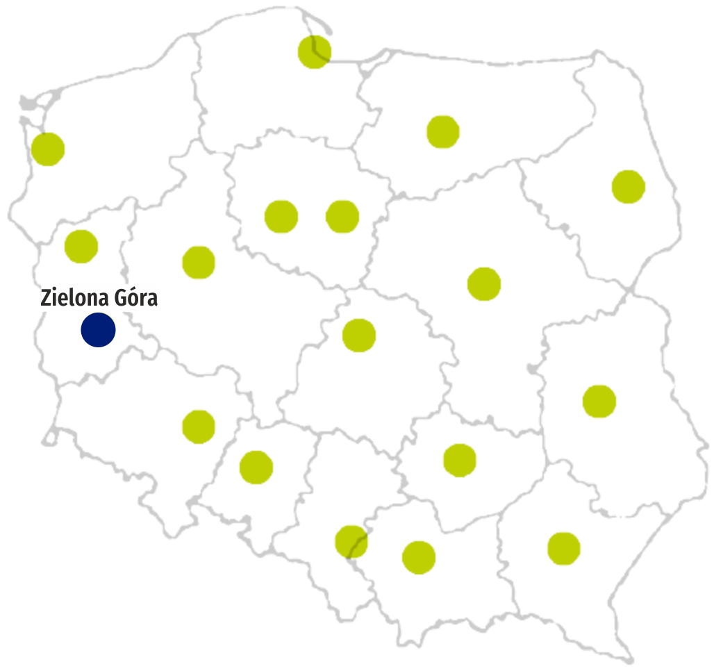 Mapa Polski w podziale na województwa z zaznaczonym miastem Zielona Góra