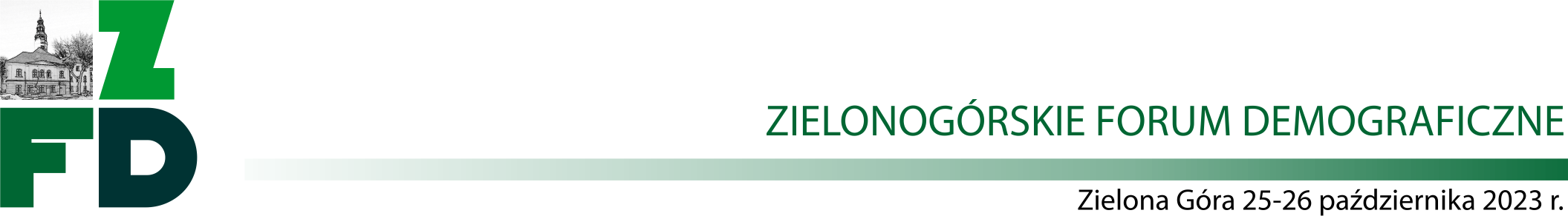 Logo Zielonogórskiego Forum Demograficznego. Grafika przedstawiające ratusz zielonogórski wpisany w skrót złożony z trzech liter (ZFD) w różnych odcieniach zieleni. 