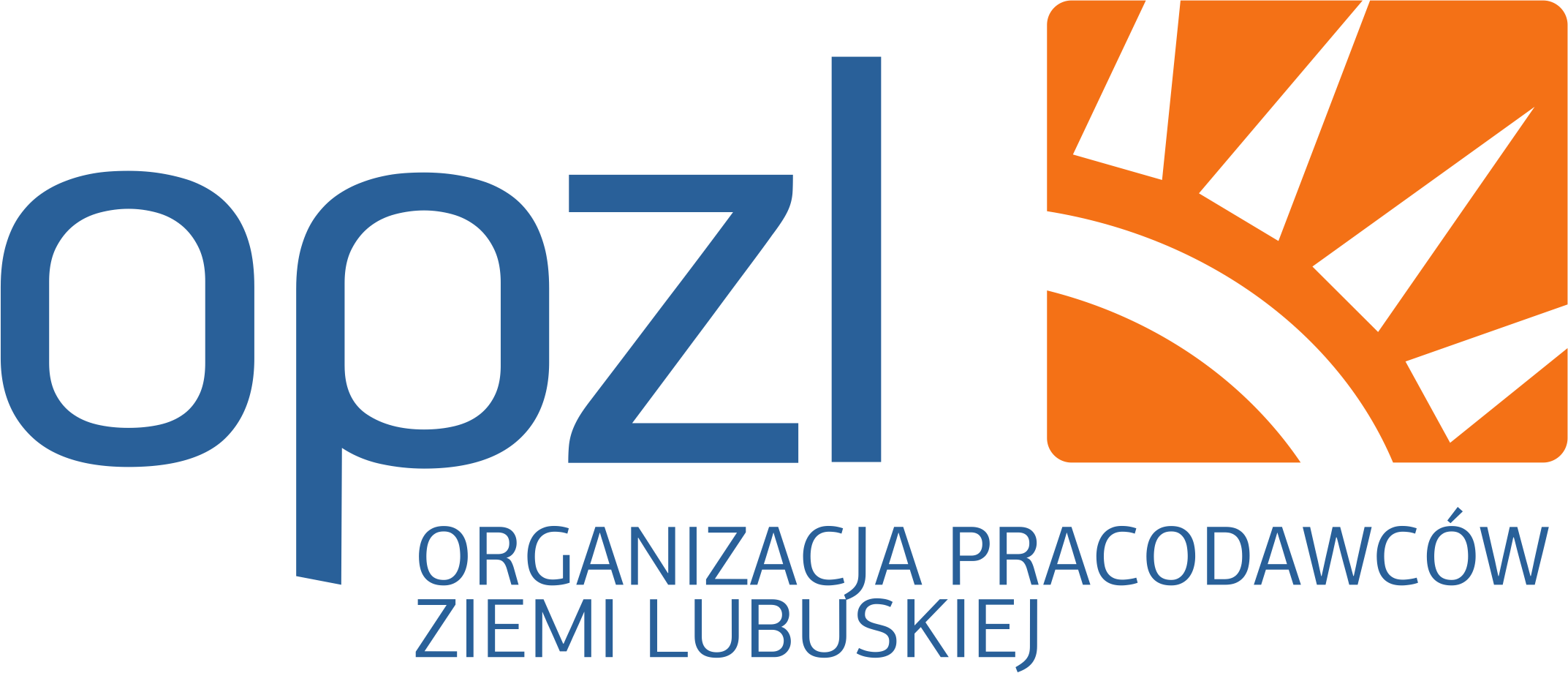 Logo organizacji w Postaci niebieskiego skrótu literowego opzl zakończonym pomarańczowym piktogramem wschodzącego słońca 