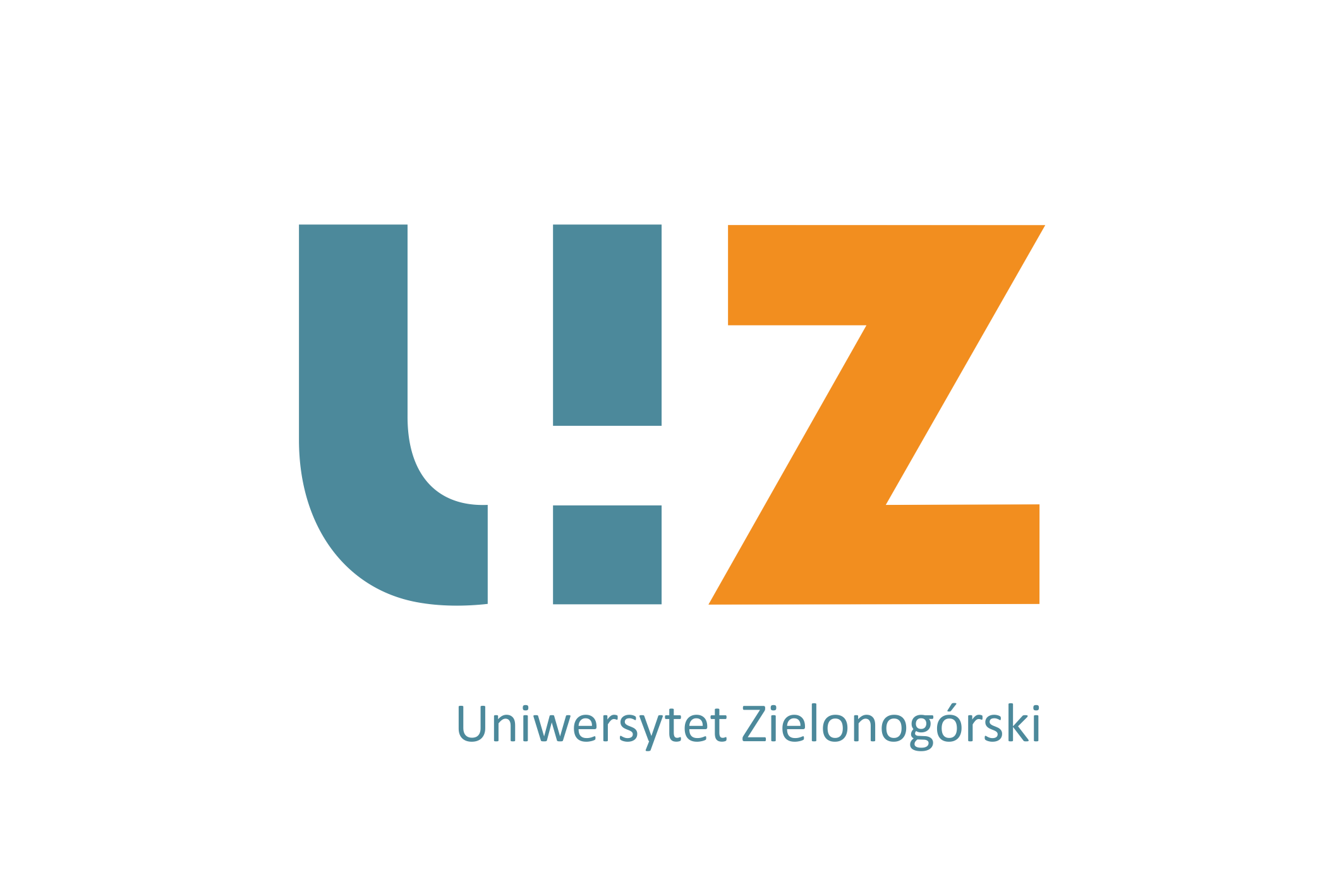 Logo Uniwersytetu Zielonogórskiego Litera U w kolorze morskim oraz Z w pomarańczowym